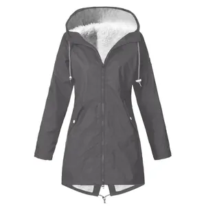Full front view of a grey waterproof outdoor jacket with white sherpa fleece lining