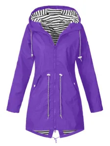 Vibrant purple waterproof hooded outdoor jacket with adjustable drawstring waist and striped lining