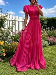 Elegant magenta pleated maxi dress with crossover waist and flutter sleeves in a garden