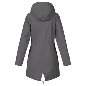 Back view of a grey waterproof hooded jacket with fishtail hem and drawstring detail.