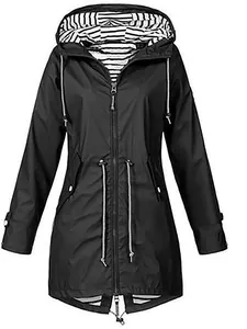 Black waterproof hooded outdoor sports jacket with striped lining and drawstring waist.