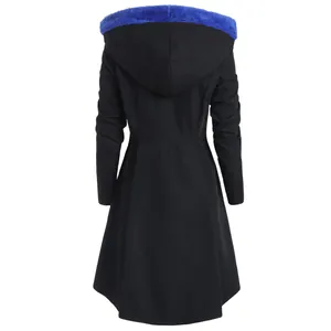 Women's long black hooded coat with striking electric blue faux fur lining detail