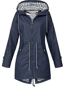 Classic women's navy blue waterproof hooded rain jacket with nautical striped lining