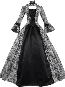 Robe de cour médiévale victorienne avec manches cloche et motif damassé gothique.