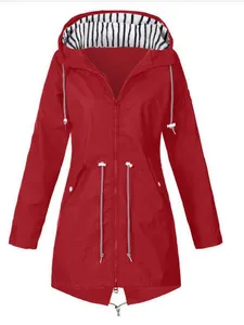 Damen Wasserdicht Winddicht Outdoor Kapuzenjacke Gestreiftes Kapuzenfutter Kordelzug Taille Outdoor Sport Mittellange Jacke Top