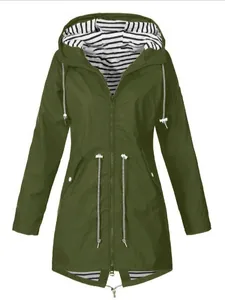 Women's waterproof hooded outdoor raincoat jacket with striped lining in army green