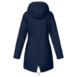 Detailed back view of a navy blue waterproof hooded outdoor jacket with waist drawstrings.