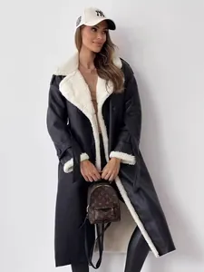 Women Faux Shearling Coat Mid-Long PU Leather Jacket Maillard Style Autumn Winter Warm Stand Collar Windbreaker Outwear Top