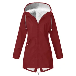 Red waterproof hooded outdoor jacket with white warm fleece lining for winter.