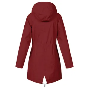 Back view of a maroon waterproof hooded outdoor jacket with waist drawstring and fishtail