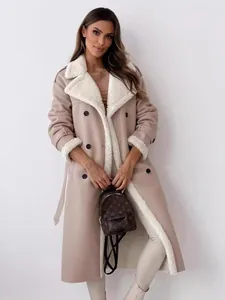 Stylish long shearling-lined faux leather coat for women in Maillard winter style.