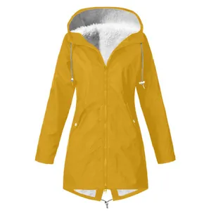 Women's yellow waterproof hooded jacket with warm white fleece lining outdoor coat