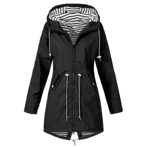 Detailed view of a black hooded outdoor raincoat featuring a classic striped lining and drawstring.