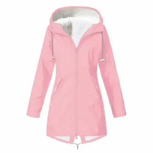 Women's plus size pink waterproof outdoor hooded jacket with warm white fleece lining