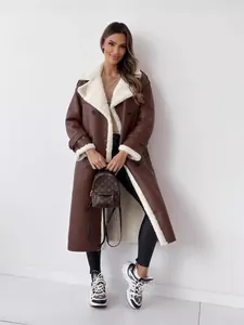 Chic brown leather trench coat with cream shearling lining for stylish winter fashion