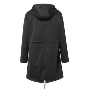 Back view of a black hooded windbreaker raincoat with adjustable drawstring waist