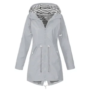 Front view of gray hooded raincoat with striped lining and adjustable drawstring waist