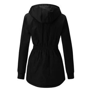 Back view of a women's casual black hooded parka jacket featuring an elastic waist