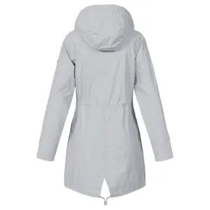 Back view of a functional light gray hooded outdoor rain jacket with drawstring waist