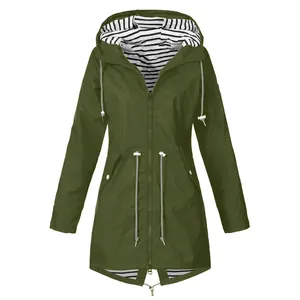 Front view of army green hooded raincoat showing striped lining detail and waist drawstring
