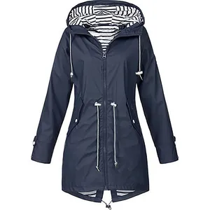 Women's navy blue waterproof hooded raincoat with striped lining and drawstring