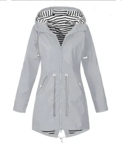 Women's light grey waterproof outdoor hooded jacket with striped lining and drawstring