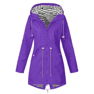 Detailed view of women's purple raincoat featuring a stylish black and white striped lining.