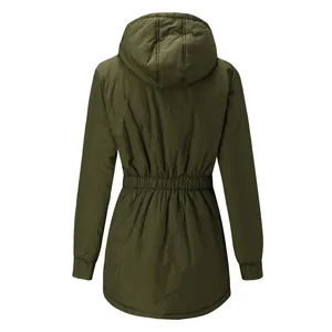 Back view of women's olive green hooded parka with elastic cinched waist