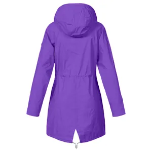 Detailed back view of a premium purple hooded outdoor raincoat with drawstring waist