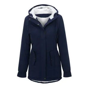 Detailed front view of a women's navy blue hooded parka with soft white fleece lining