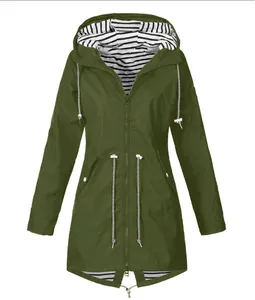 Waterproof army green women's outdoor jacket with drawstring waist and striped hood