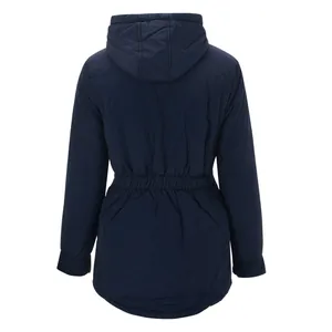 Back view of navy blue women's hooded parka jacket with cinched waist and warm lining