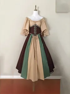 Medieval vintage color-block off-the-shoulder dress with flared sleeves for cosplay