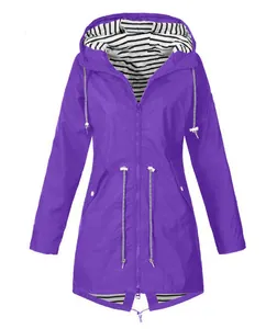 High-performance purple waterproof hooded rain jacket featuring stylish striped lining
