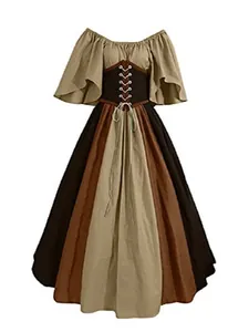 Medieval vintage off-shoulder dress with flared sleeves and corset lace-up waist.
