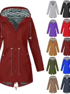 Women Lightweight Hooded Windbreaker Waterproof Rain Jacket Outdoor Mid-Long Coat With Striped Lining Drawstring Waist Top