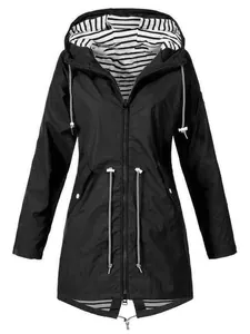 Women's black lightweight waterproof hooded raincoat jacket with striped lining