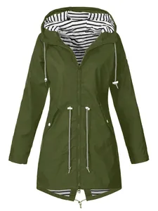Women's lightweight mid-length hooded waterproof windbreaker jacket in army green