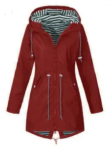 Women's mid-length hooded waterproof windbreaker jacket in dark red with striped lining
