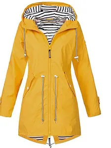 Bright yellow women's lightweight waterproof hooded raincoat jacket with striped lining