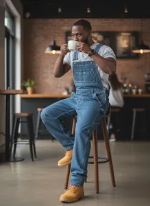 Full-body view of man wearing loose straight blue denim bib overalls in a cozy cafe setting