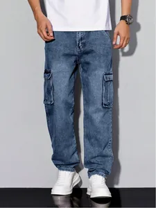 Men's blue straight-leg cargo jeans with large side pockets and relaxed fit
