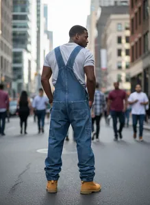 Detailed back view of men's loose blue denim overalls for urban streetwear style