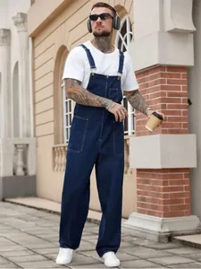 Urban style men's dark blue denim overalls with front zipper and large pockets