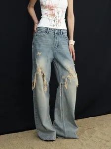 Jean femme high street bleu clair délavé à jambes larges avec détails déchirés vintage