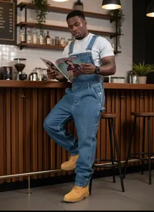 Full-body view of men's blue denim overalls in a stylish cafe setting