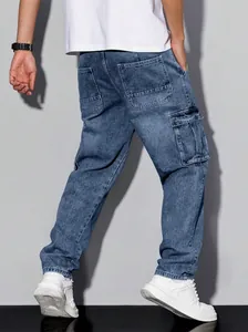 Detailed back view of men's high street blue cargo jeans featuring functional side pockets