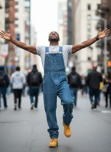 Stylish men's denim overalls in an urban street setting, loose straight fit bib pants