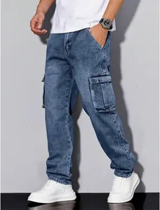 Detailed side view of men's classic blue denim cargo pants featuring large functional side pockets
