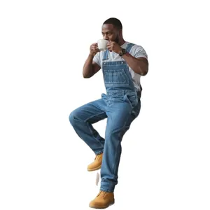 Full view of men's loose fit denim overalls with classic straight leg and pocket details.